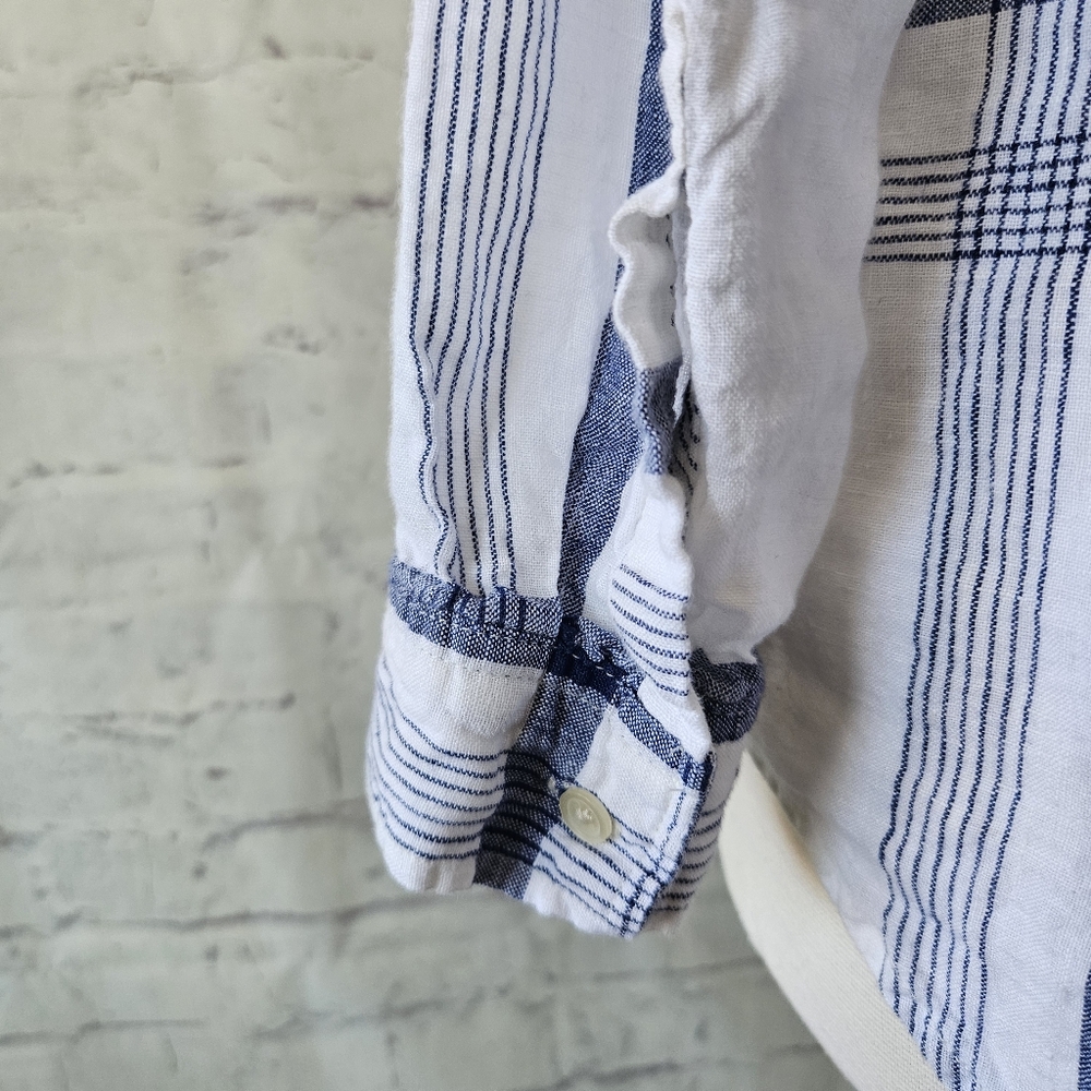 Gap Boyfriend Fit White Blue Plaid Linen Long Sleeve Button Up Shirt Medium - Picture 8 of 13